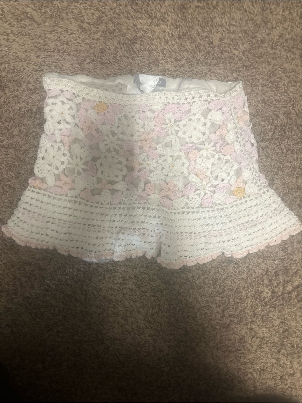 White Crochet Mini Skirt with Pastel Floral Detailing